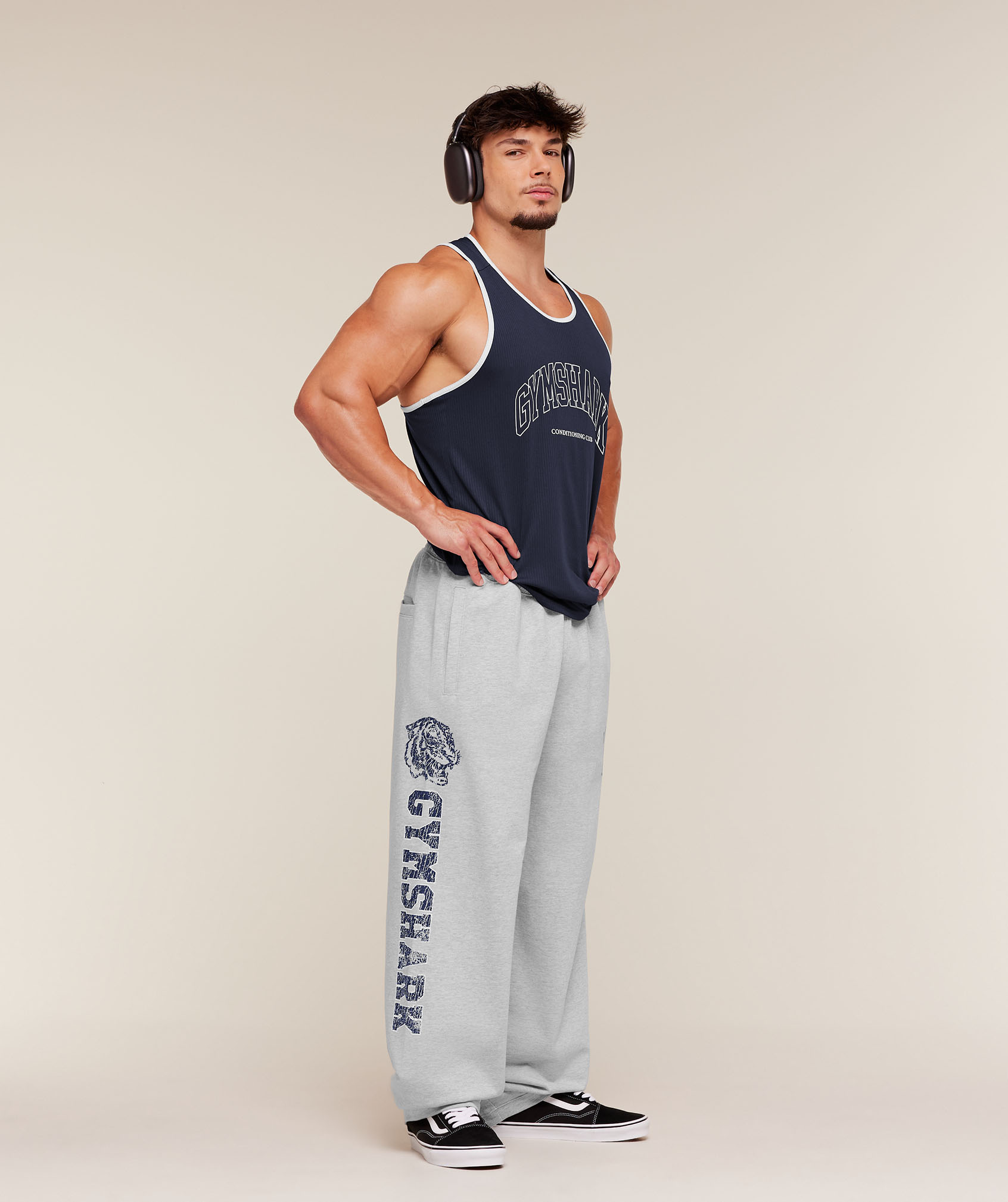 Gymshark Retro Collegiate Graphic Wide Leg Pants - Bros Soft Grey